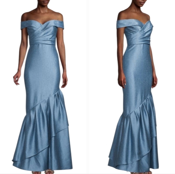 Aidan Mattox Dresses & Skirts - Aidan Mattox Blue Metallic Off-the-Shoulder Ruffle Mermaid Gown Maxi Dress 16